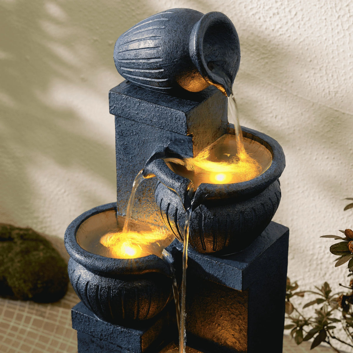Teamson Home Outdoor Water Fountain with Lights 4-Tier Cascading Bowl Design with LED Light & Solar Pump, Solar-Powered Water Fountain Outdoor Garden, Yard, or Patio Dcor, Navy Blue