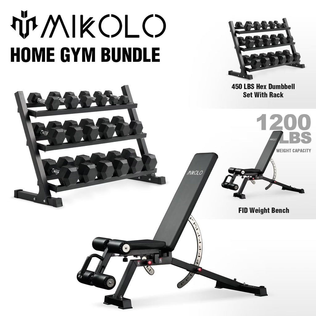 Mikolo Rubber Hex Dumbbell Set with Racks, Option in 450lbs, Strength Training Weight Set Home Gym