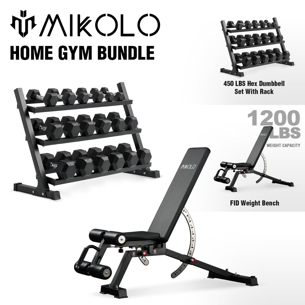 Mikolo Rubber Hex Dumbbell Set with Racks, Option in 450lbs, Strength Training Weight Set Home Gym