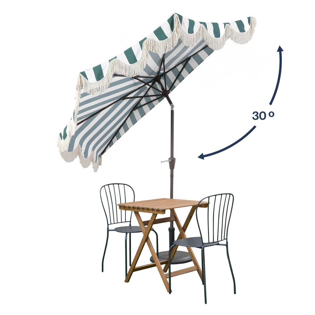 JONATHAN Y Beverly 9 ft. Half Market Patio Umbrella, Designer Classic Scalloped Fringe with Crank, Tilt Button and UV Protection, Blue/White/Cream, Dark Brown Pole