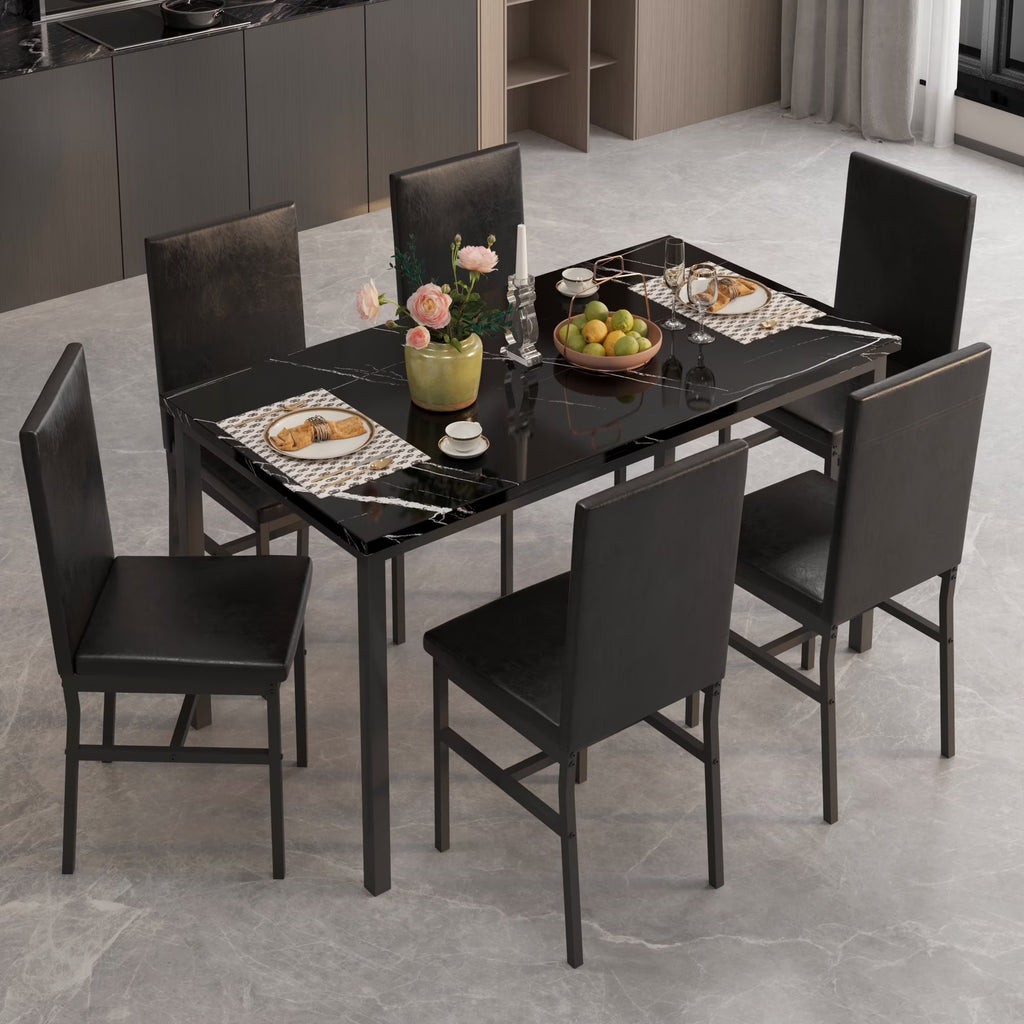 Dining Table with 6 High-back Upholstered Chairs, Modern Dinette Set, Dining Table and Chairs Set for 6 Persons, Small Home Kitchen Dining Table Set, Ideal for Apartment Breakfast Nook Bar, B1470