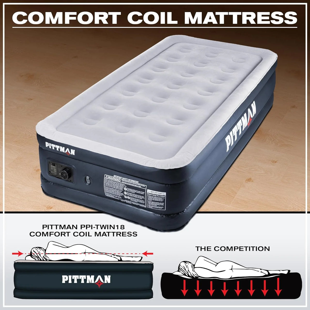 Pittman - Twin Air Mattress with Built-in Pump Raised 18" - Self Inflating Twin Air Bed