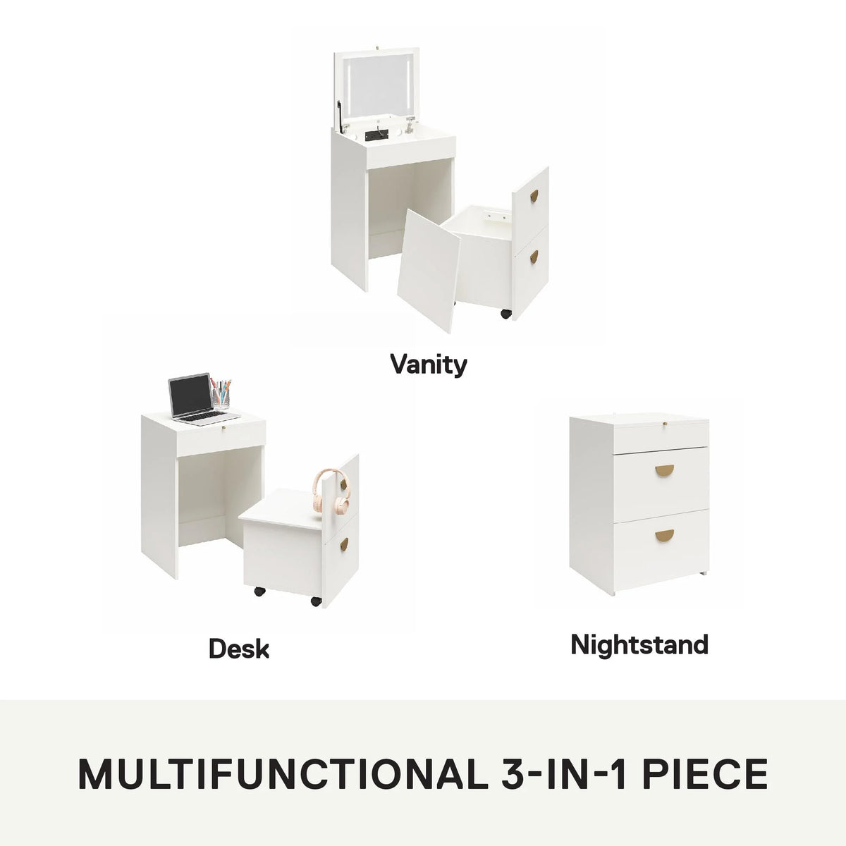 Ameriwood Home Compact 3-in-1 Vanity Set, Makeup Storage Desk & Stool, Mirror w/ LED lights & USB Charging Station, White