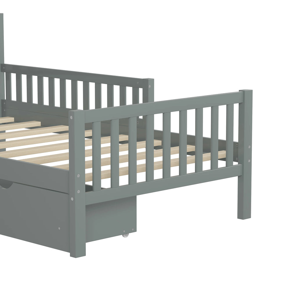Bellemave Twin Bed with Storage Drawers and Fence Rails, Wood Platform Beds Frame with Headboard, Twin Size Storage Bed for Kids Boys Girls Teens White)