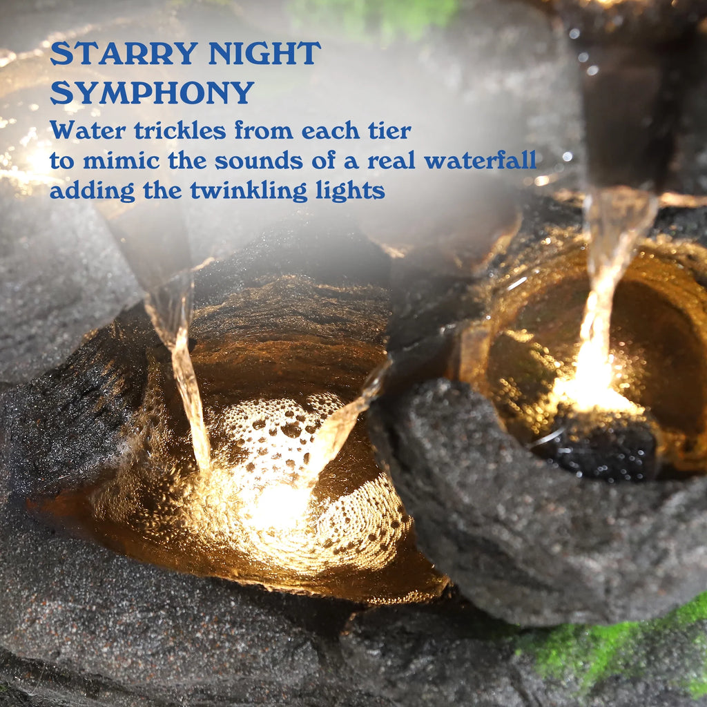 Magic Union 7-Tier Cascading Rock Water Fountain, 24" H Outdoor Freestanding Fountain with LED Lights and Pump, Outdoor Garden Waterfall Decor for Patio, Yard and Deck Decor, Natural Stone Look