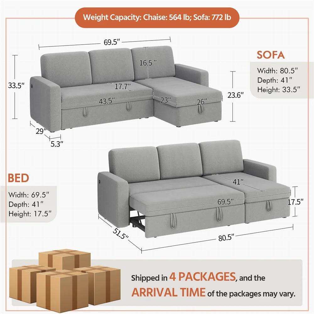 Alden Design Reversible Sectional Sofa with USB & Type-C Ports for Livingroom, Light Gray