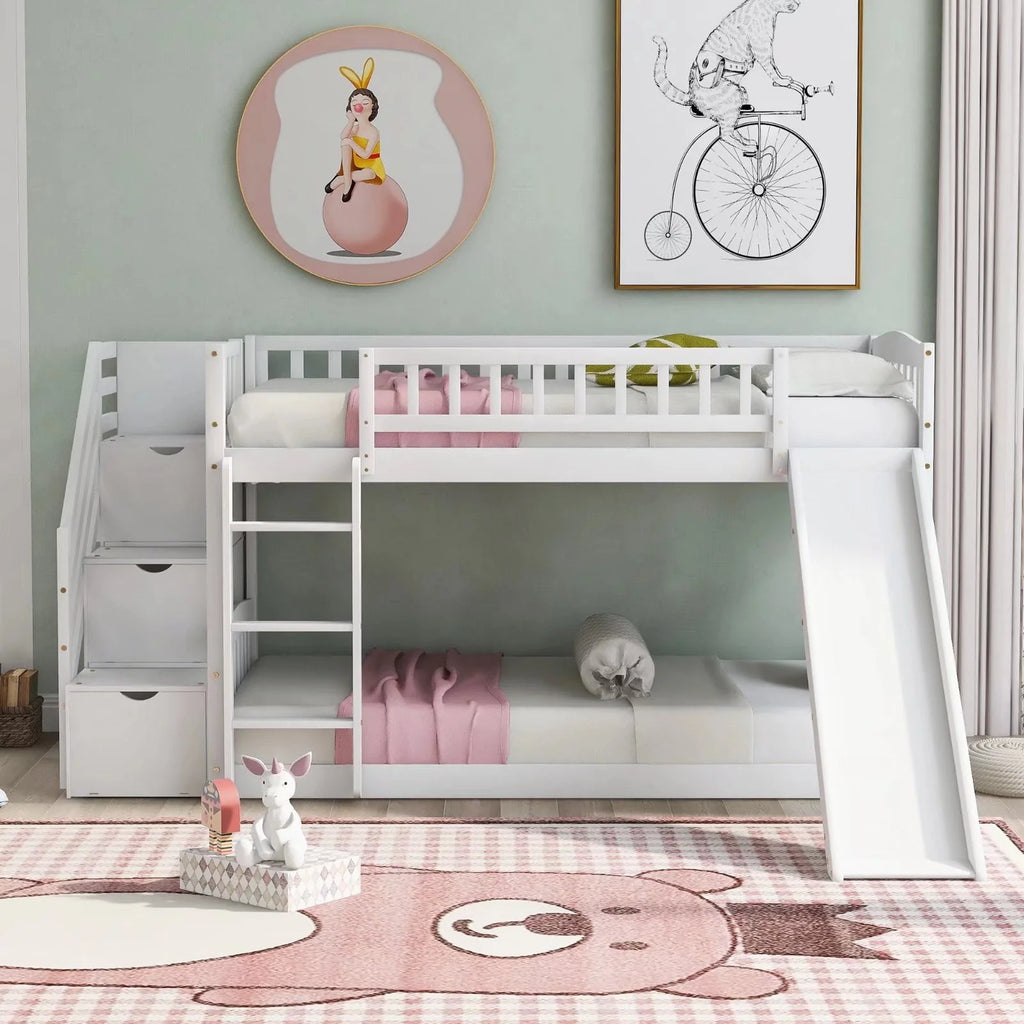 Stairway Bunk Beds Twin over Twin, Wooden Bunk Bed Frame with Kids Slide and Storage Staircase, 2-in-1 Storage Beds Frame with Ladder and Safety Guardrails for Boys Girls Bedroom, White