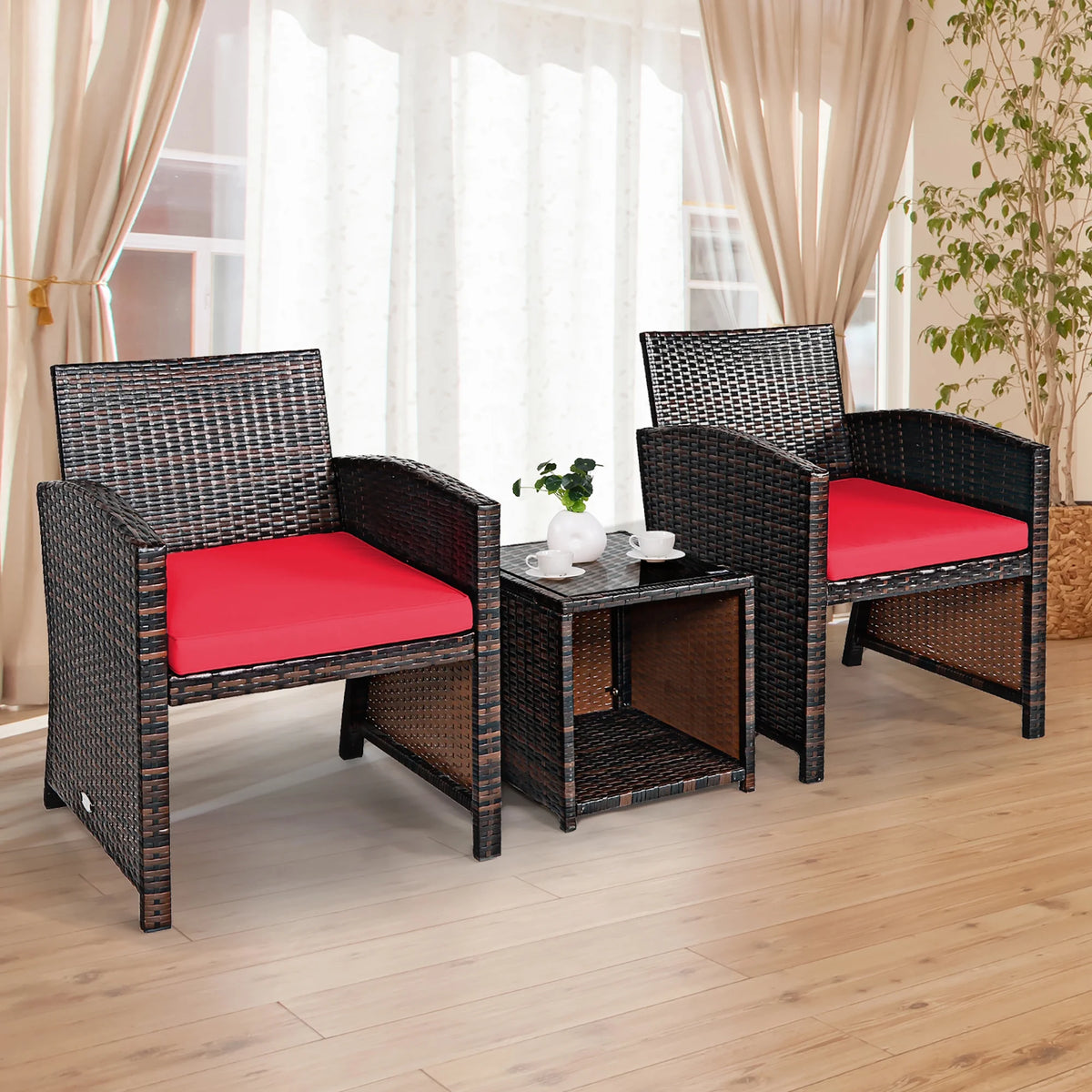 Costway 3PCS Patio Rattan Wicker Furniture Cushion Sofa Coffee Table Gray