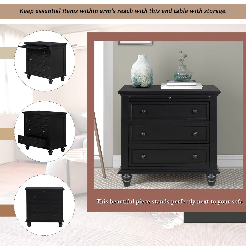 EUROCO 28 Larger Solid Wood 3-Drawer Side Table Nightstand, End Table with Pull out Tray for Bedroom, Living Room, Hallway, Entryway,White