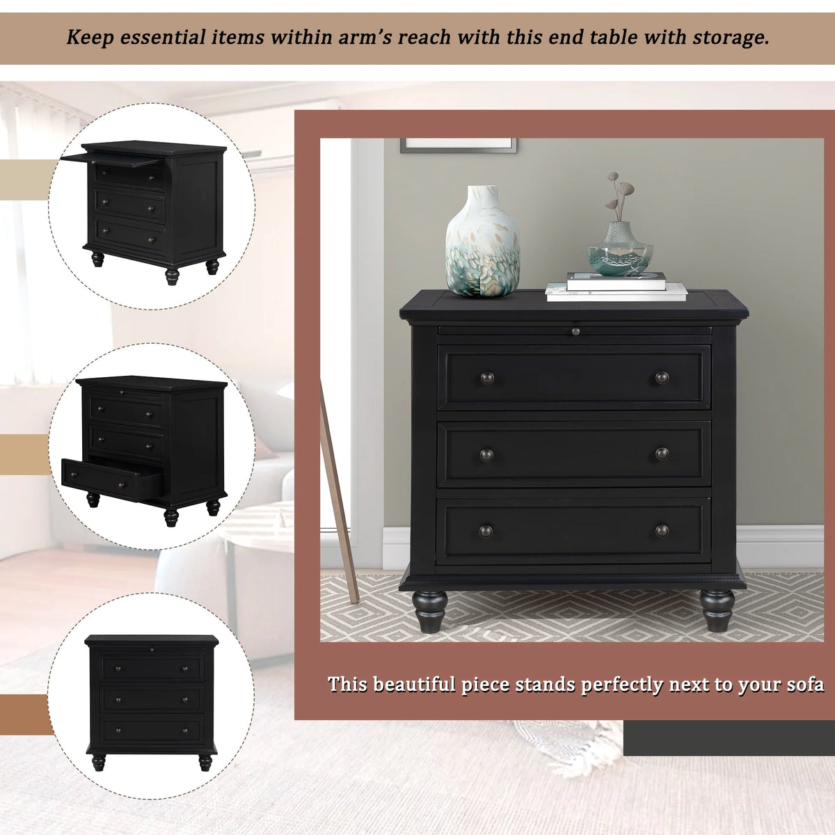EUROCO 28 Larger Solid Wood 3-Drawer Side Table Nightstand, End Table with Pull out Tray for Bedroom, Living Room, Hallway, Entryway,White