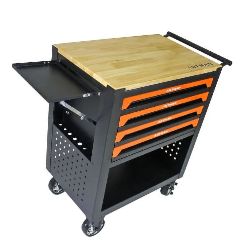ARTMAN 4-Drawer Tool Cart with Wheels and Drawers ,Wood Top Tool Box Cart for Workshop Warehouse Garage