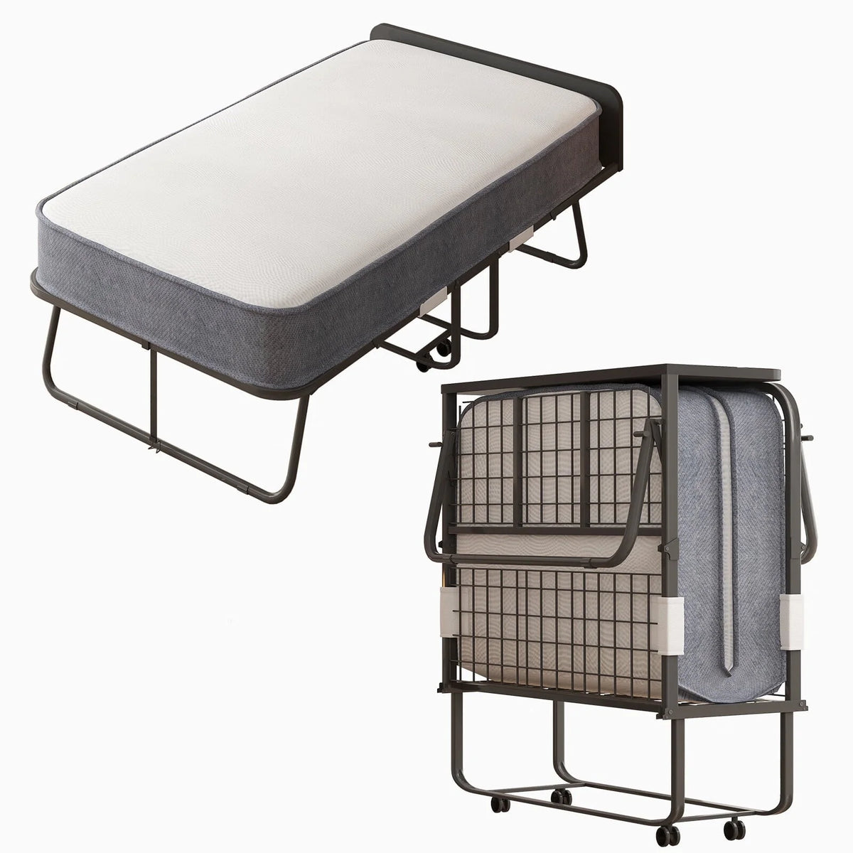 CECER Folding Bed with 5-inch Thick Mattress and Headboard|31" Width Twin Size Portable Bed|Space Saving Foldable Bed with High Resilient Foam Mattress|Foldable Metal Bed Frame with 4 Lockable Wheels
