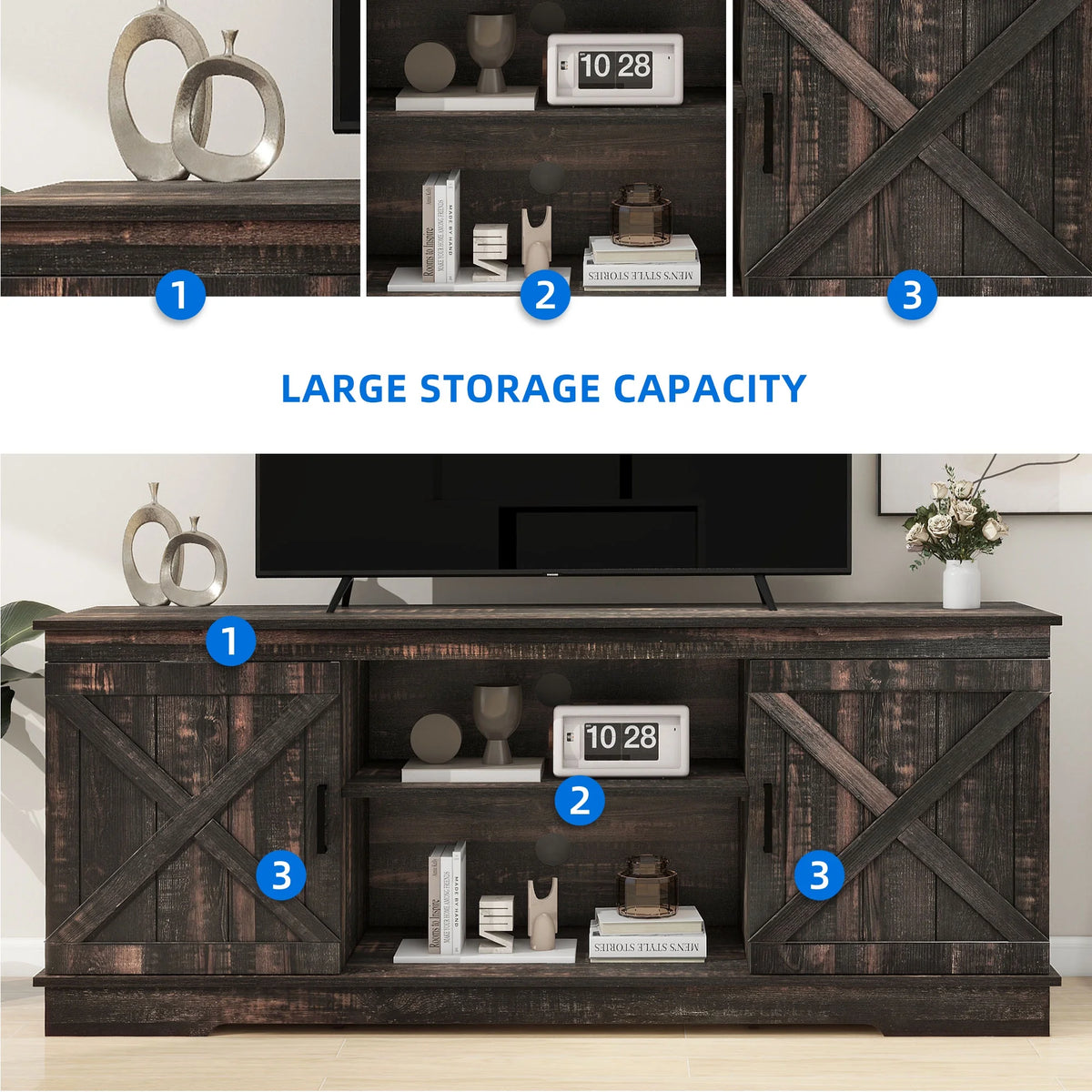 Dextrus Farmhouse TV Stand for 65 inch TV, Entertainment Center for Living Room, TV Media Console Cabinet, Grey Wash