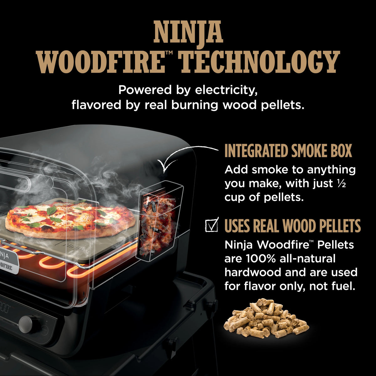 Ninja Woodfire? Pizza Oven, 8-in-1 outdoor oven, 5 Pizza Settings, Ninja Woodfire? Technology, up to 700F heat, BBQ smoker, electric