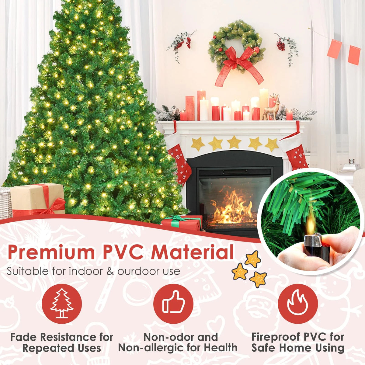 Vebreda 6FT Pre-Lit Artificial Christmas Tree with 300 Warm White LED Lights, Hinged Branch Design, Eco-Friendly PVC Needles & Foldable Metal Stand for Home, Office & Holiday Dcor
