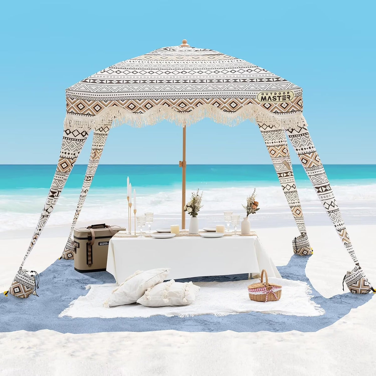 OutdoorMaster Beach Cabana with Fringe, Portable 6' x 6' Beach Canopy, Easy Set Up Beach Shelter, Included Side Wall, UPF 50+ UV Protection Sun Umbrella - for Kids, Family & Friends