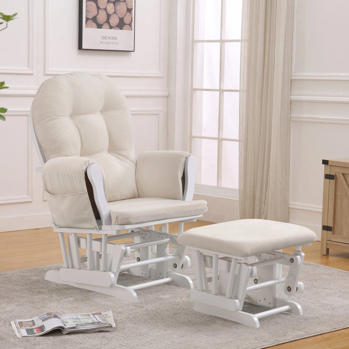 Willow Glider with Ottoman, White Finish with Gray Chevron Cushions