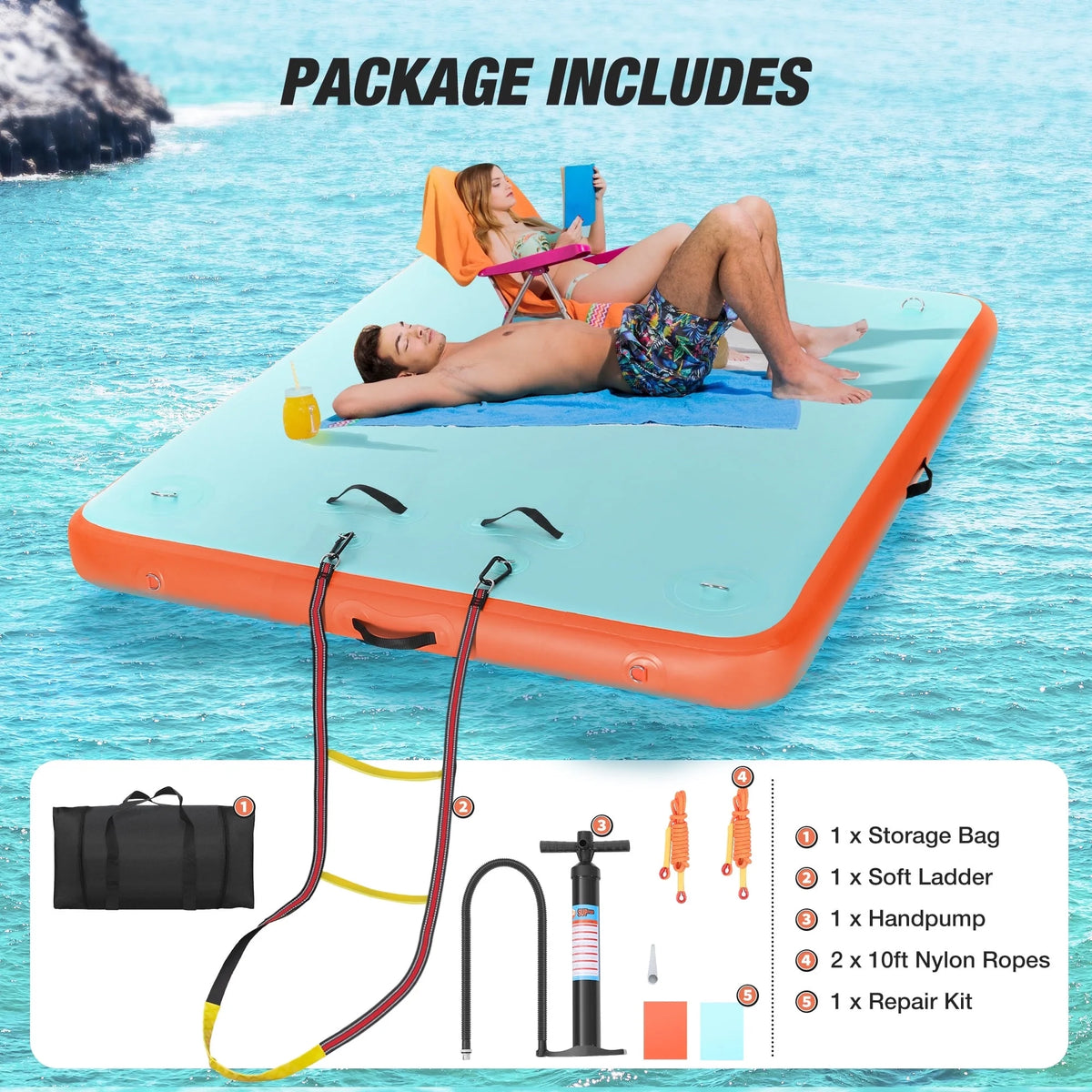 WARMOUNTS Inflatable Floating Dock, 8*6ft Air Inflatable Dock Platform, Non-Slip Water Island Float Raft with Rope Ladder for Ocean Lake River Boat