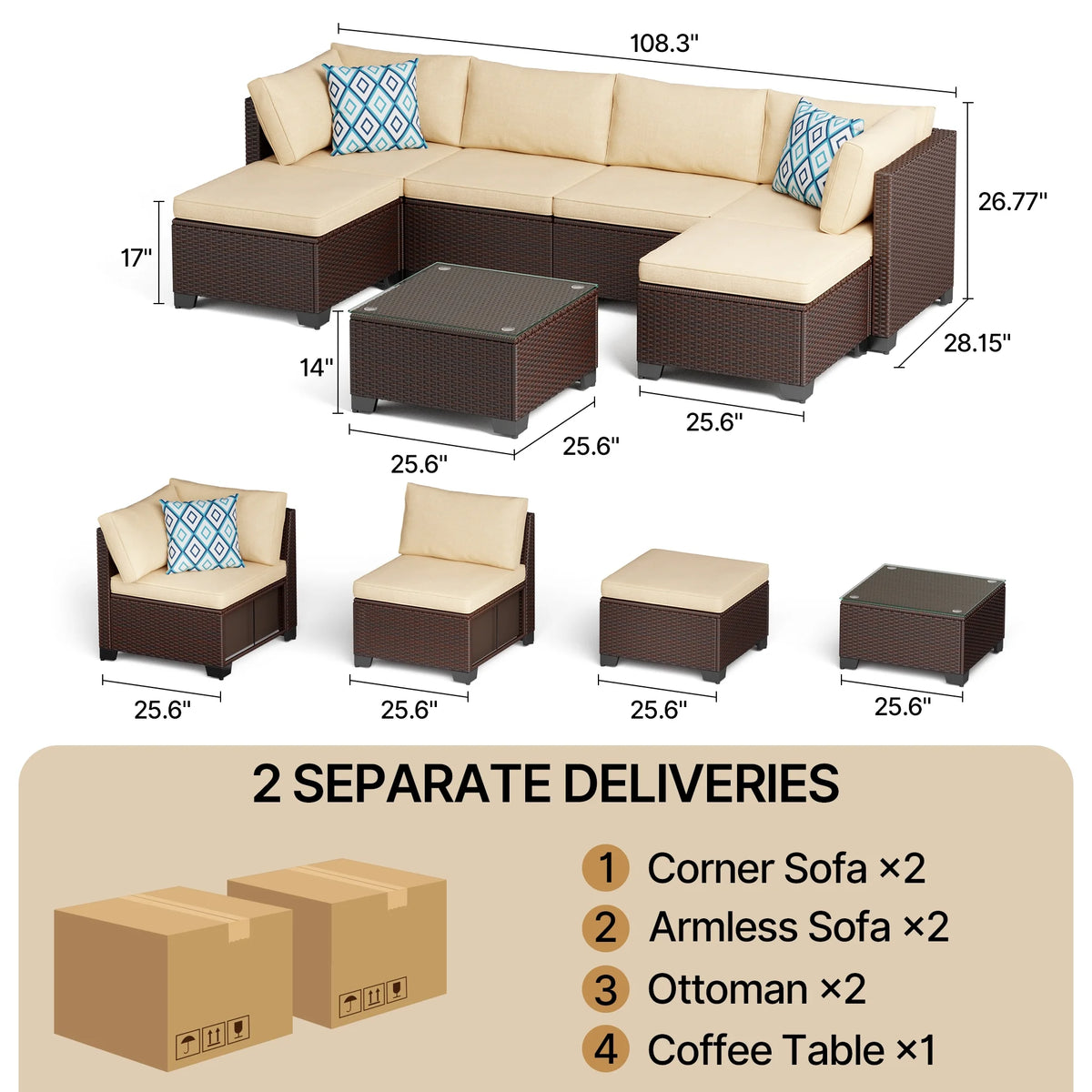 7 Piece Outdoor Patio Furniture Set, Asofer Rattan Wicker Outdoor Conversation Sectional Sofa Set, Gray