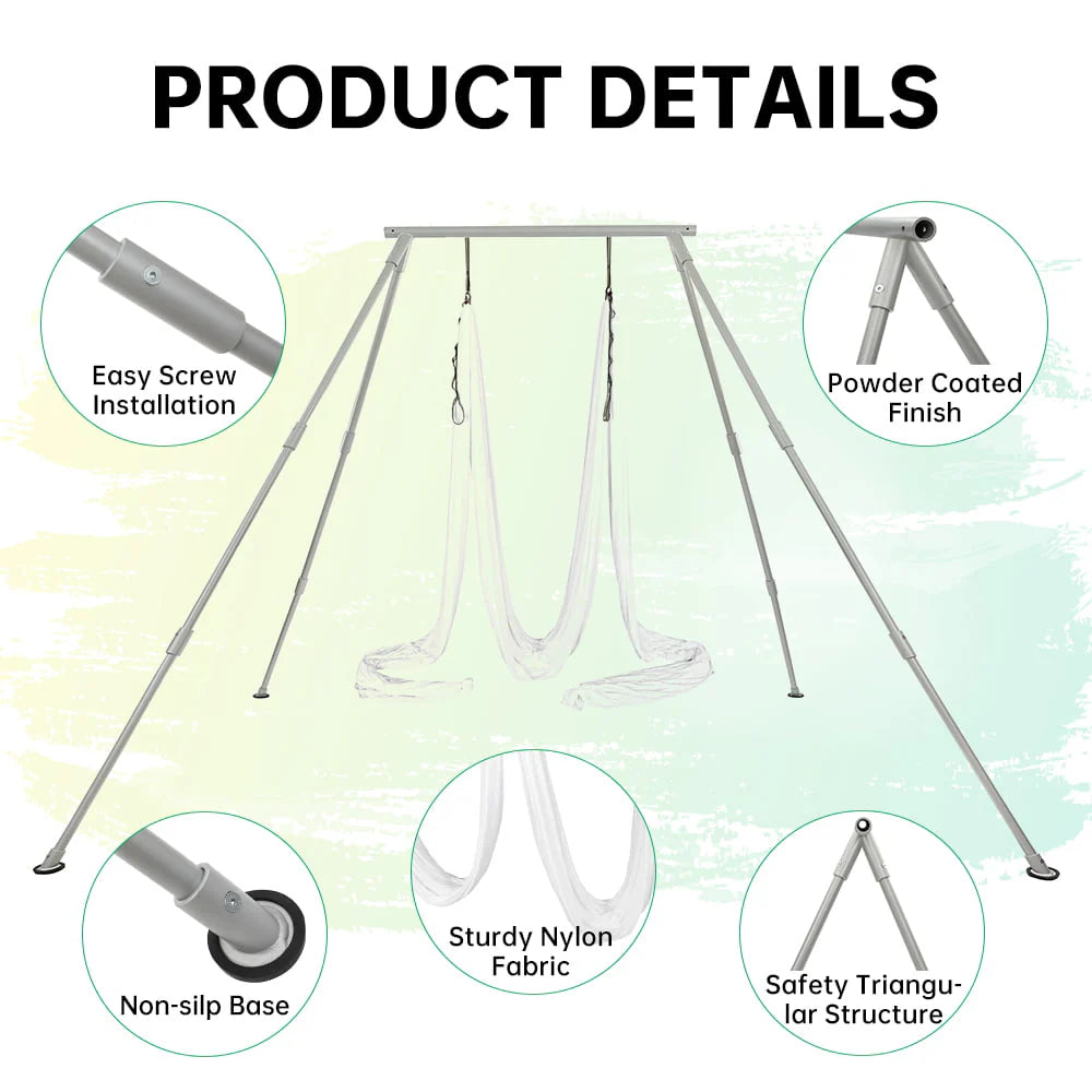 Kojem 97"/2.46m Aerial Trapeze Stand Portable Rig Yoga Swing Bar 250kg/551lbs Aluminum Rack ＆ Nylon Silk Indoor Outdoor Use with 20Ft/6m Aerial Purple Silk