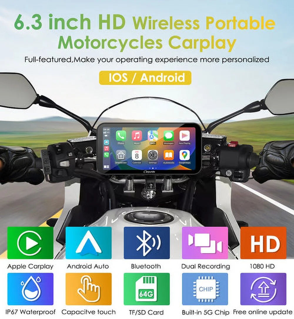 Carpuride W603D Wireless Portable Carplay A-Auto Waterproof IP67 Motorcycle Stereo HD Dual Cameras