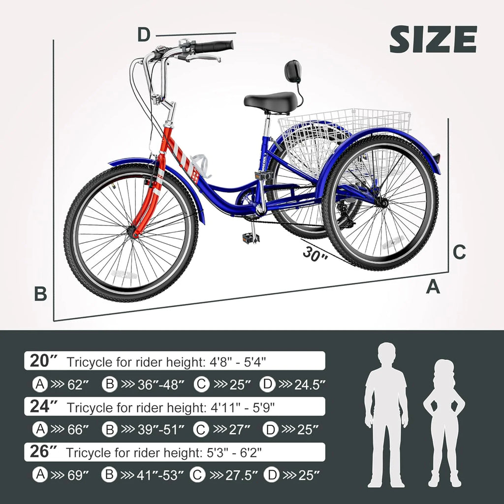 FICISOG 7 Speed Adult Tricycle for Women, 20/24/26 Inch Adult Trike with Basket, 3 Wheel Bikes for Adults Seniors, Cruise Trike for Shopping Picnic