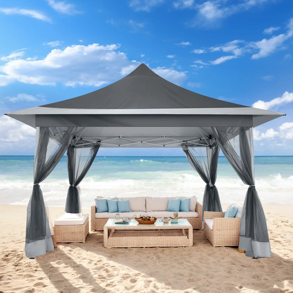 HOTEEL 12x12 Outdoor Pop-up Gazebo Canopy with Mosquito Netting 2-Tiered Vented Top 3 Adjustable Height for Backyard, Garden, Lawn,Light Grey