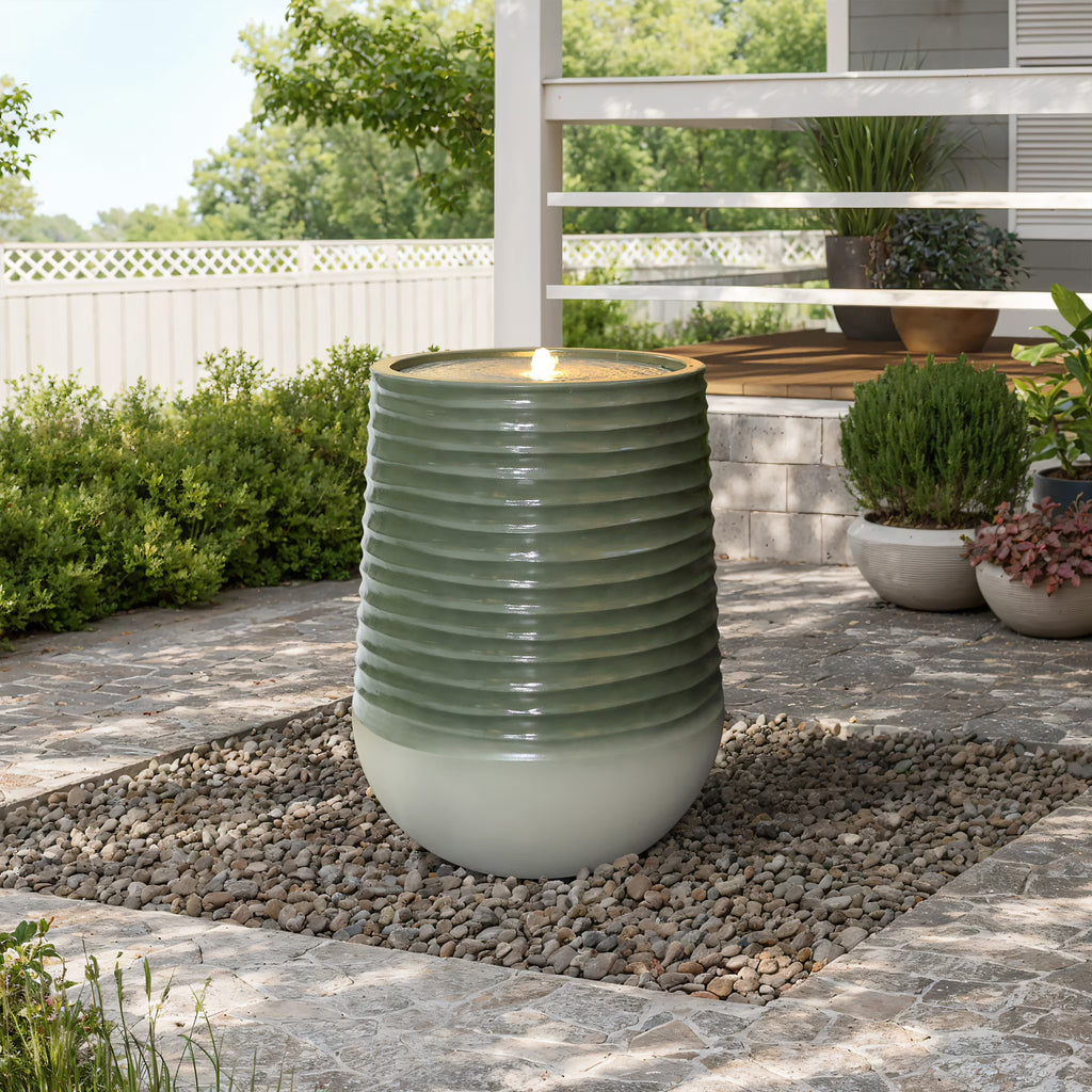 LuxenHome 20" Resin Lighted Garden Bubbling Water Fountain with Emerald Ribbed Top and Ivory Bottom