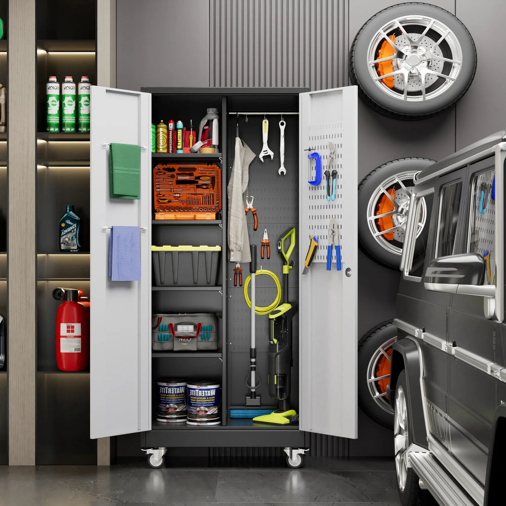 GangMei 71 Inches Tall Metal Garage Storage Cabinets with 5 Adjustable Shelves & Pegboards, Lockable Steel Black Storage Cabinet with Doors for Office, Home, School, Shops, Garage, Assembly required