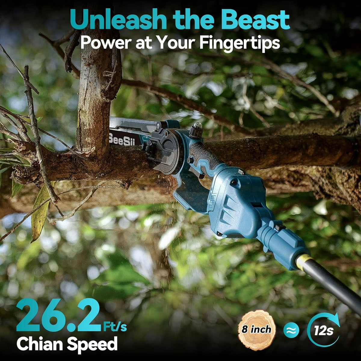Seesii 2-in-1 Cordless Pole Saw, 8 Inch Brushless Mini Chainsaw with Extension Pole, 16ft Max Pole Saws with 2x 21V Batteries for Tree Trimming, Branches Pruning, Wood Cutting