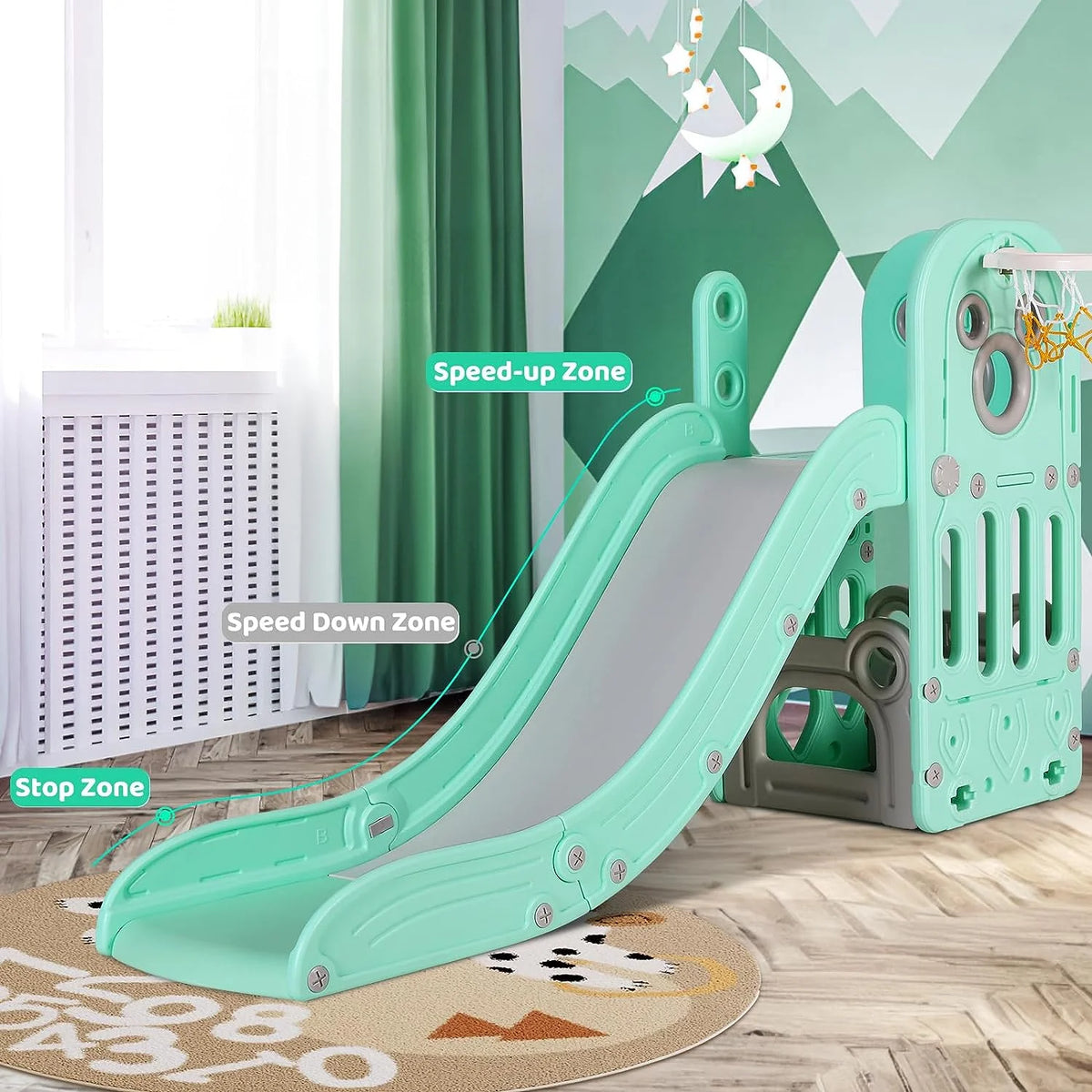 Arlopu Sturdy Toddler Slide with Basketball Hoop Plastic Kids Slide Climber with Anti-Slip Steps Indoor Outdoor Children Toy Playground