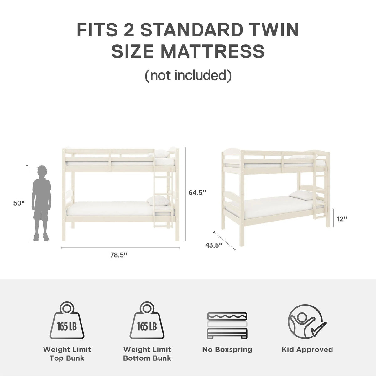 Better Homes & Gardens Leighton Solid Wood Twin-over-Twin Convertible Bunk Bed, Vanilla
