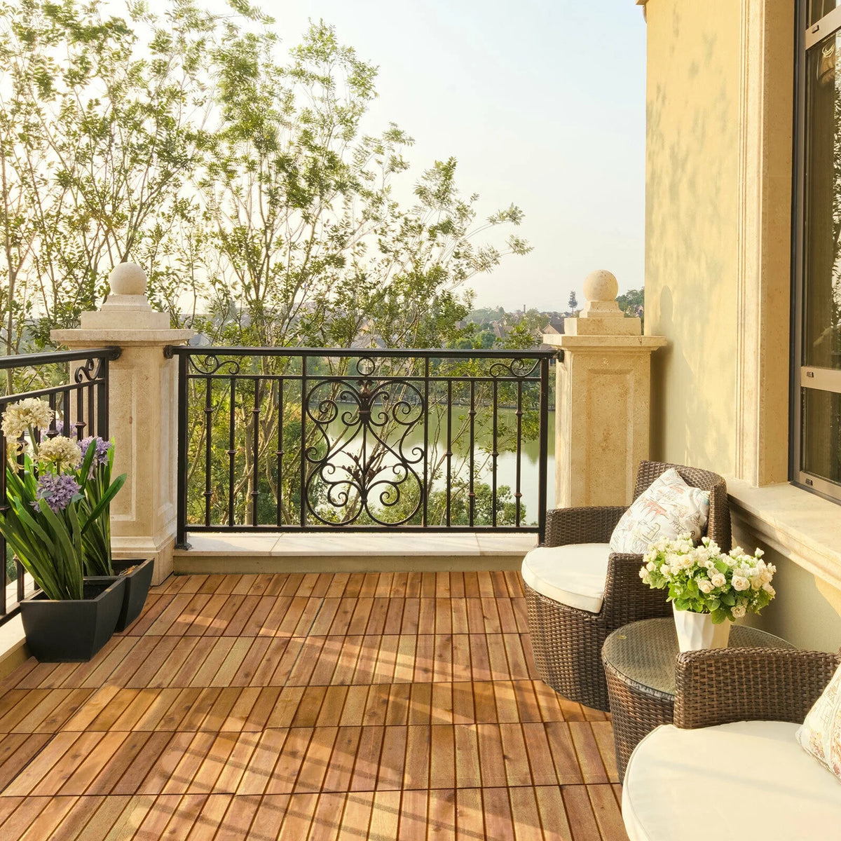 Patiojoy 27PCS 12"x12" Patio Interlocking Tiles Acacia Slat Wood Garden Outdoor &Indoor