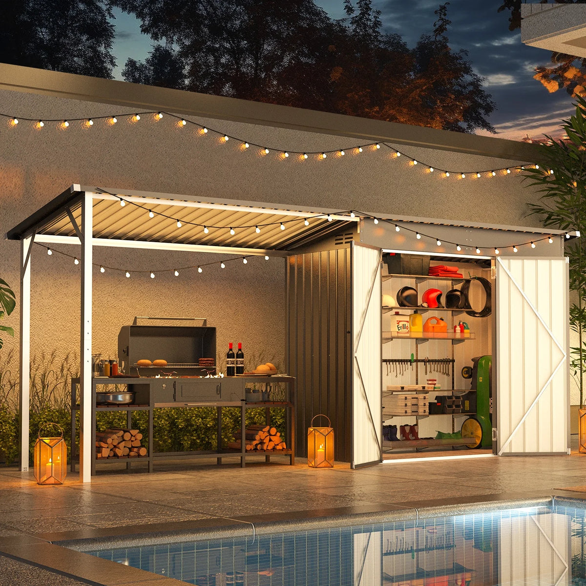 YODOLLA Outdoor Open-Sided Storage Shed, 3x5 Sheds & Outdoor Storage with 15 Sq. Ft Covered, 5x3 Small 2-in-1 Tool Shed with Attached Hardtop Metal Pergola Gazebo