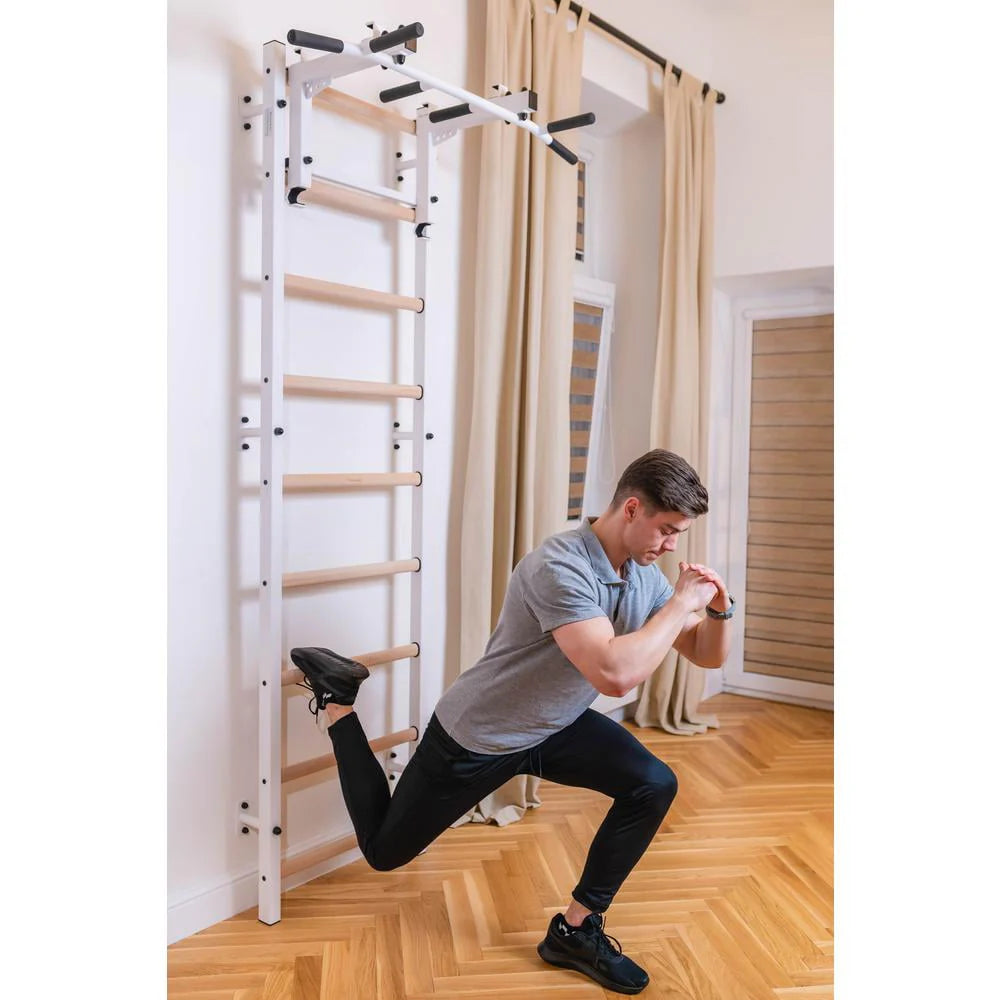 BenchK 733 White Wall bars with convertible steel 6-grip pull-up bar that can also be used as a barbell holder, dip bar with back support and advanced workout bench