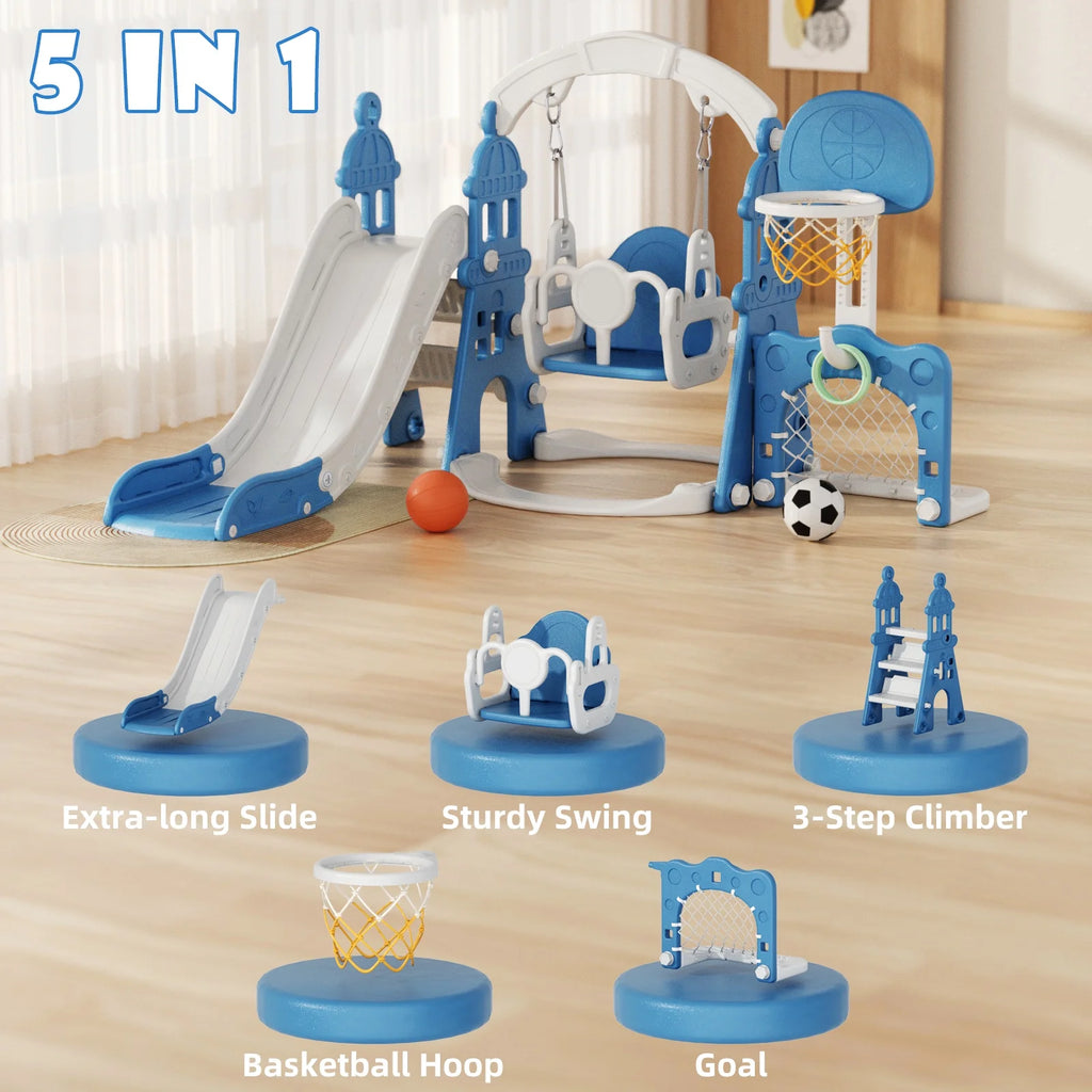 KORIMEFA 6-in-1 Kids Slide and Swing Set - Perfect for Toddlers 1-6 Years - Indoor and Outdoor Playground Slide, Swing, Basketball Hoop, and Climber Toy
