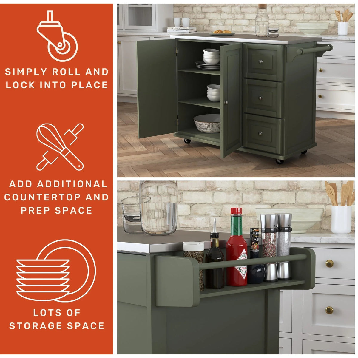 Homestyles Dolly Madison Engineered Wood Kitchen Cart in Sage Green/Nickel