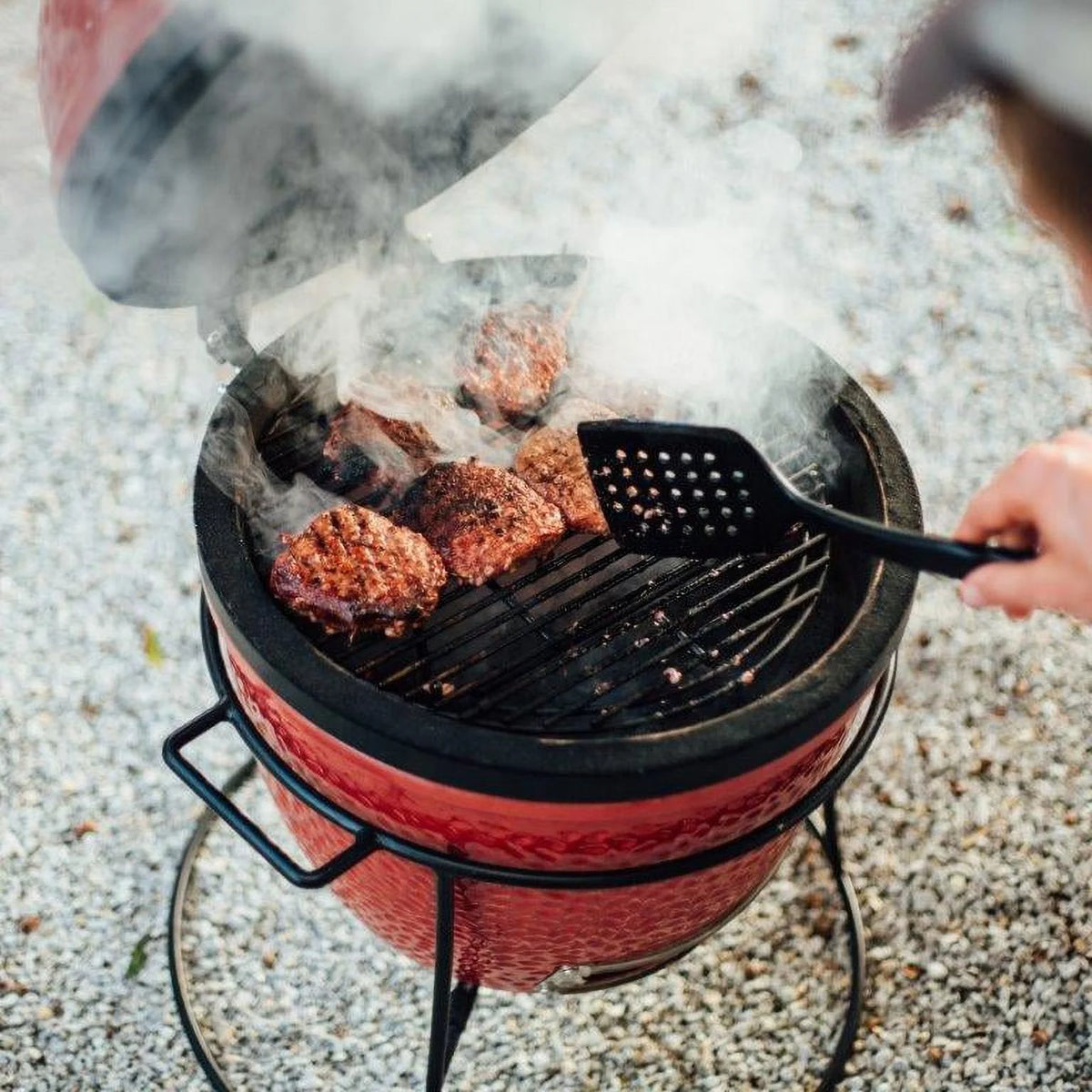 Kamado Joe Joe Jr. 13.5 in. Portable Charcoal Grill in Red with Cast Iron Cart, Heat Deflectors and Ash Tool