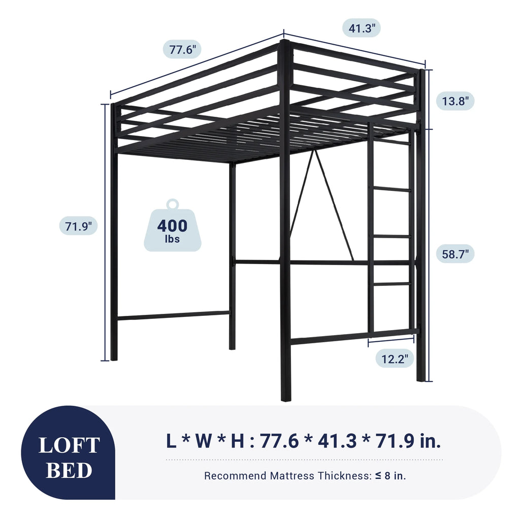 Sifurni Black Heavy Duty Twin Size Metal Loft Bed with Full-Length Guardrail & Removable Stairs