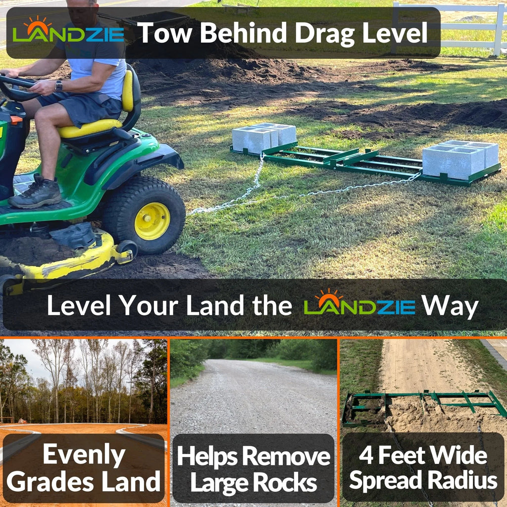 LANDZIE Drag Harrow Driveway Grader Landscape Power Rake for ATV, UTV, Tractor, Mower - 4 ft Reinforced Steel (Two 2 ft Sections) - Tow Behind Yard Lawn Leveling Tool with 4 ft Heavy Duty Chain