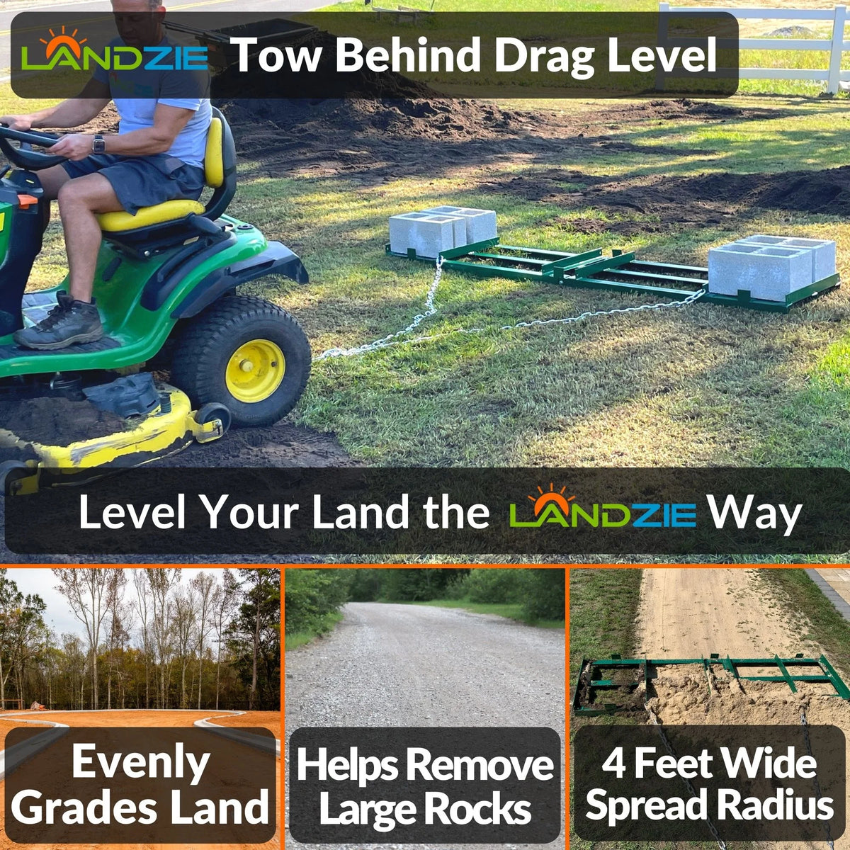 LANDZIE Drag Harrow Driveway Grader Landscape Power Rake for ATV, UTV, Tractor, Mower - 4 ft Reinforced Steel (Two 2 ft Sections) - Tow Behind Yard Lawn Leveling Tool with 4 ft Heavy Duty Chain