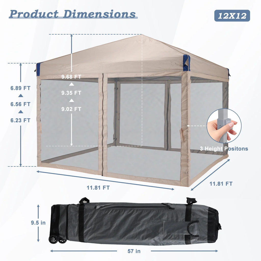 Aoodor 12'x12' Pop Up Canopy with Removable Mesh Sidewalls, Outdoor Portable Instant Shelter Tent-Black