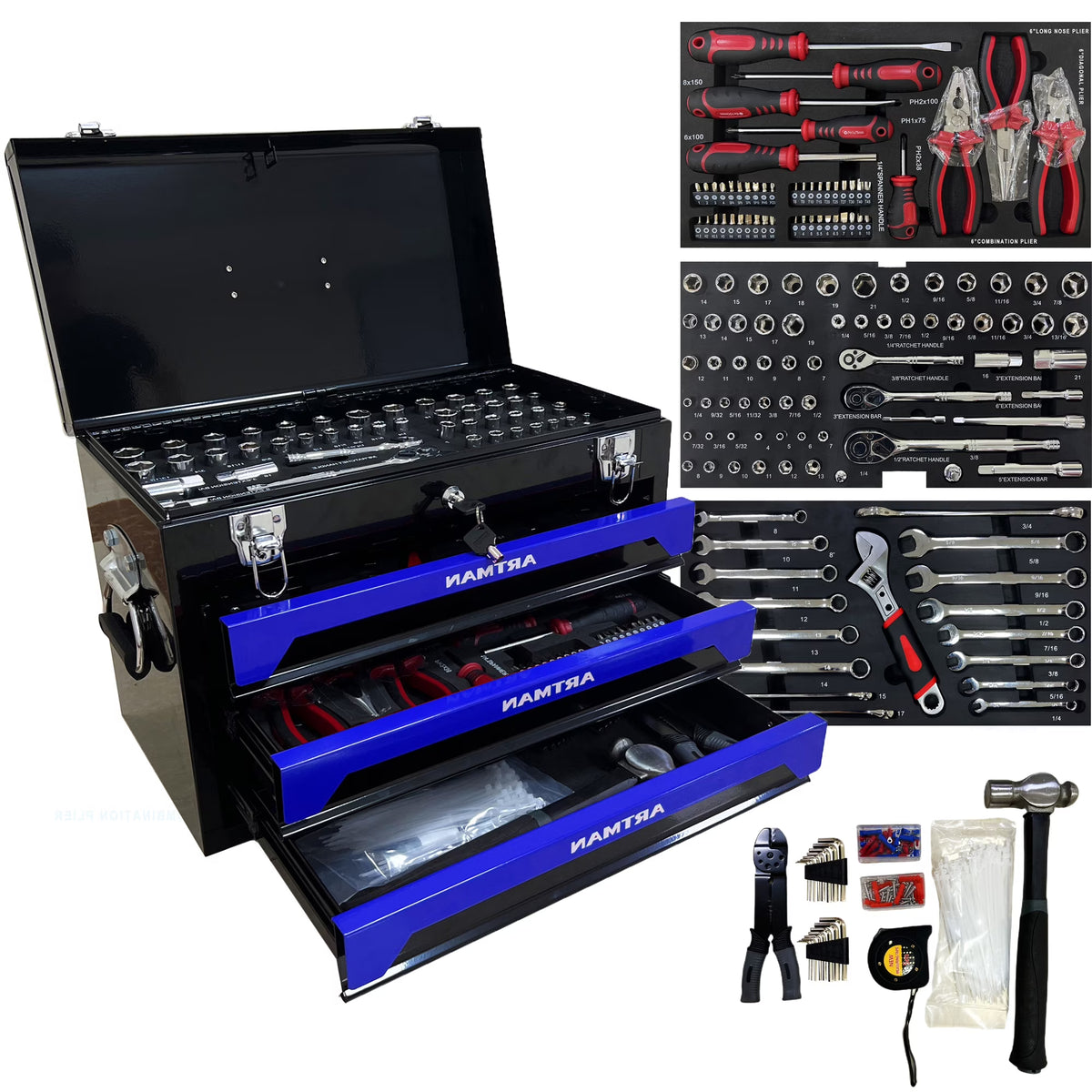 NIGSQJB Tool Set 439pcs with 3 Drawers Tool Box Organizer, Mechanic Tool Set for Home, Tool Box Set 4-Tier Socket Wrench Ratchet Plier Nails, Home Tool Set Mechanics Kit for Adults Man Handyman, Red