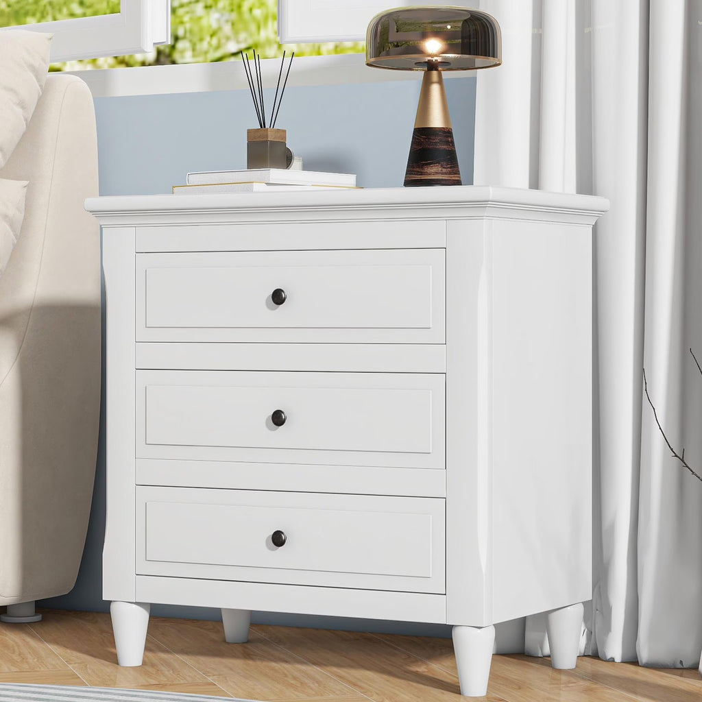 White Nightstand for Bedroom, Atumon Nightstand with 3 Drawers, Wood Bedside Table, Modern Nightstand Furniture for Bedroom, 28"L x 16.9"W x 28"H
