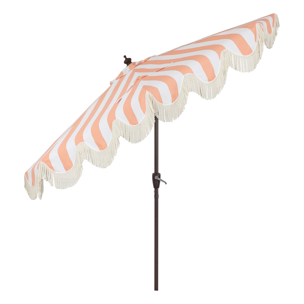 JONATHAN Y Beverly 9 ft. Half Market Patio Umbrella, Designer Classic Scalloped Fringe with Crank, Tilt Button and UV Protection, Blue/White/Cream, Dark Brown Pole