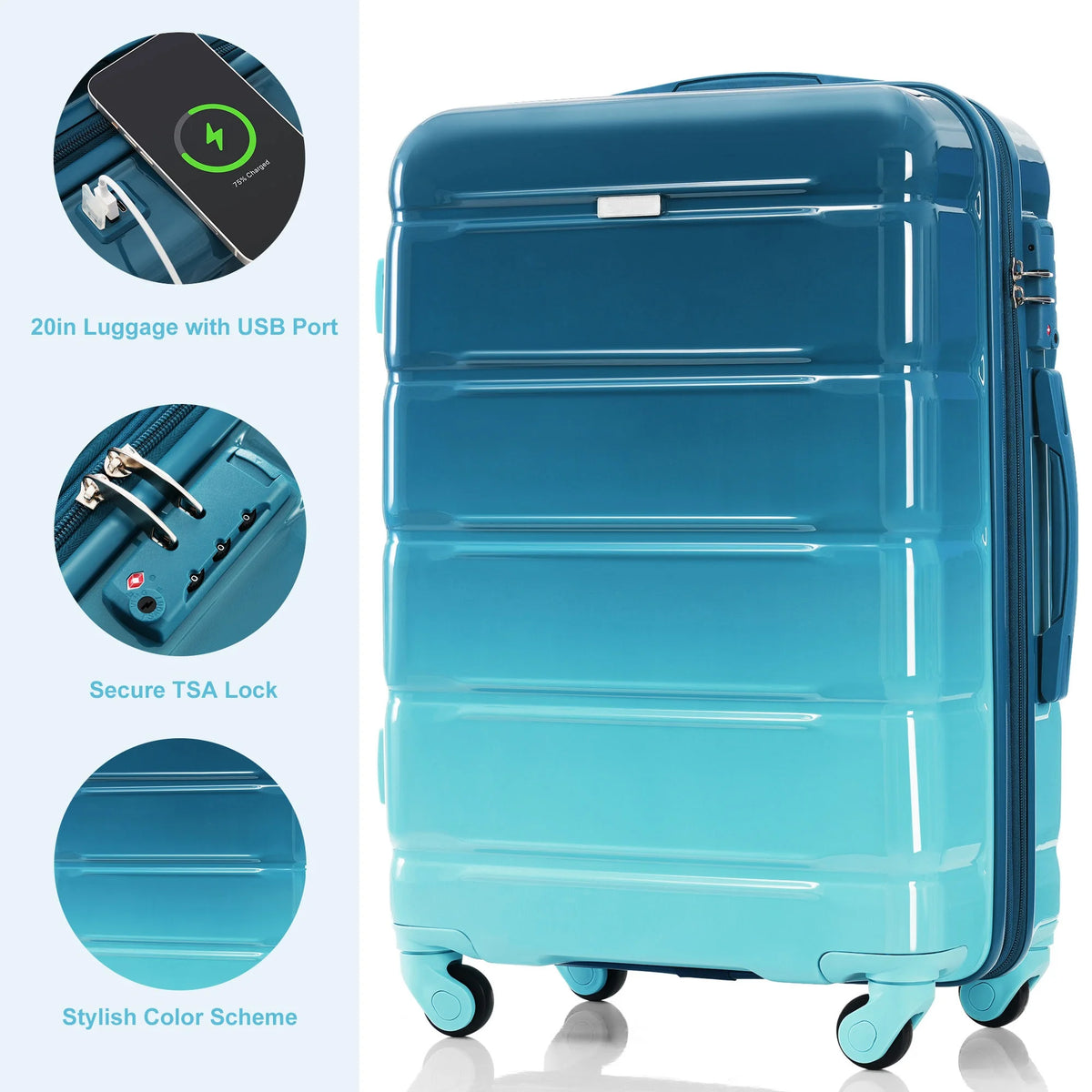 PAPROOS 3-Piece Luggage Set (20''/24''/28''), Hardshell Lightweight Suitcase with USB Port and Side Hooks, Travel Luggage with TSA-Lock, Hardside Rolling Luggage for School, Travel, Pink
