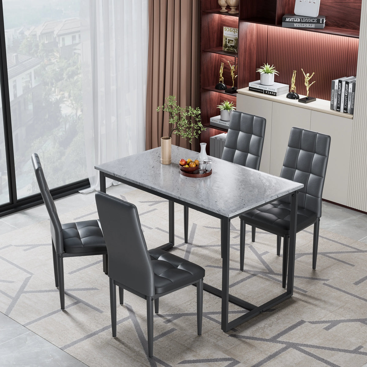 Seizeen Solid Wood Kitchen Table and Chairs, Dining Room Table Set for 4 with Gray Upholstered Chairs, Wood Grain Table Heavy-Duty Frame, Rustic Minimalist Style Breakfast Nook Set
