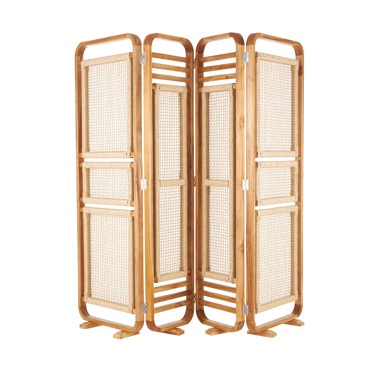 DecMode 79" x 70" Brown Teak Wood Handmade Foldable Partition 4 Panel Room Divider Screen with Woven Rattan Panels, 1-Piece