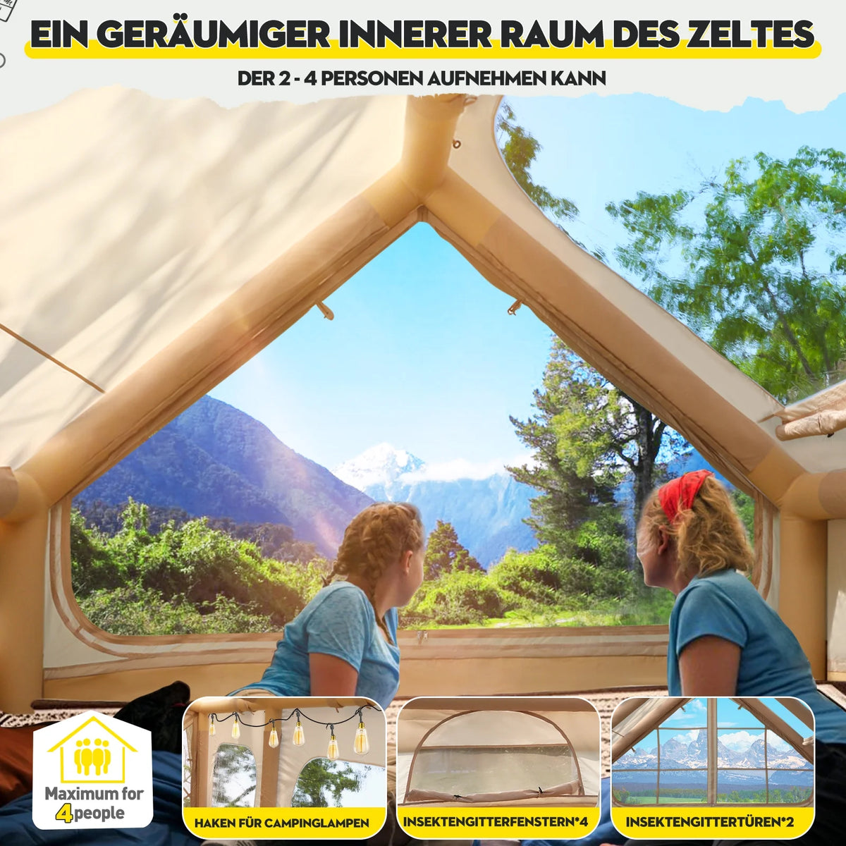 Gaonala 4-6 Person Inflatable Camping Tent with Pump Quick Setup 4-Season Family Tent Waterproof Windproof 420D Oxford Fabric