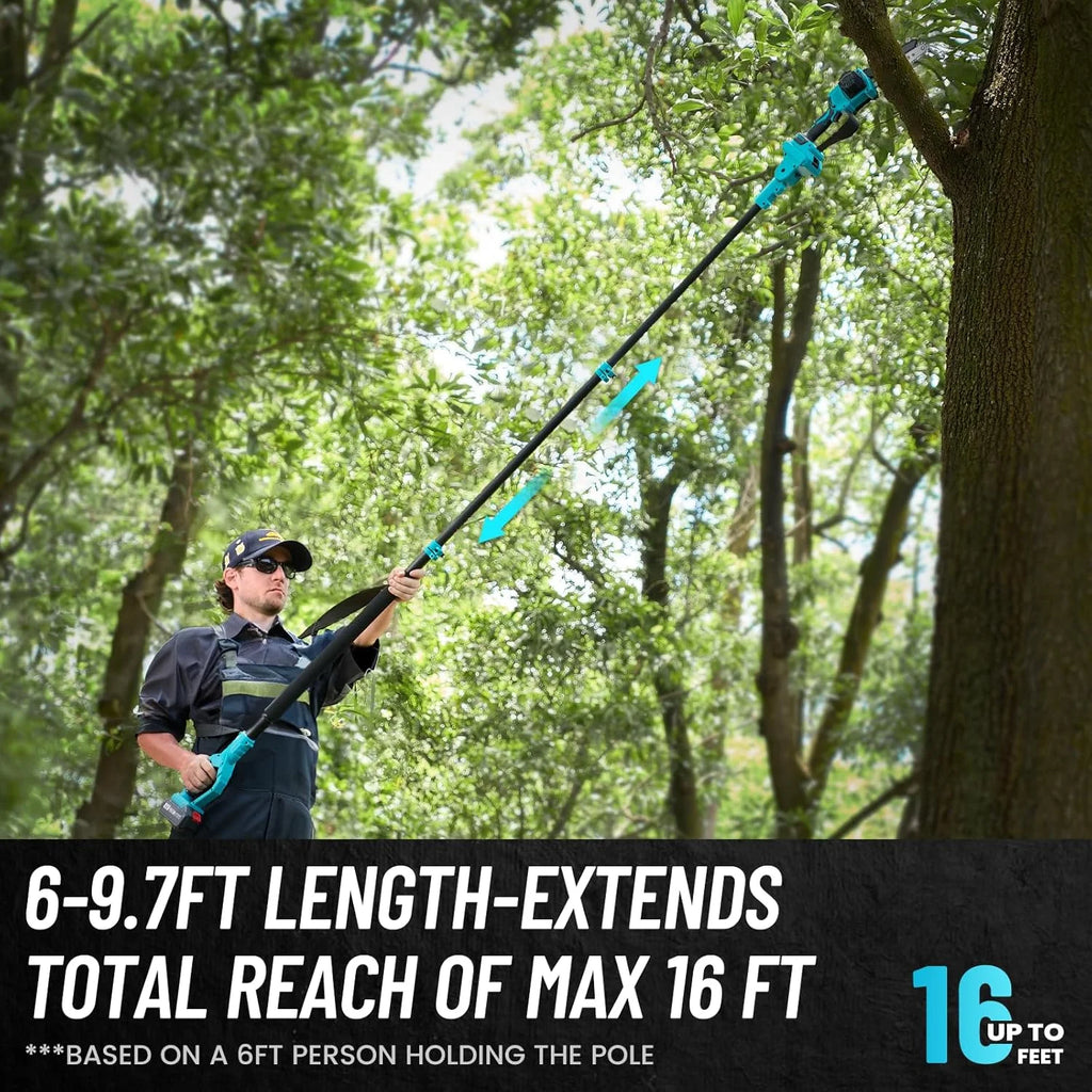 Seesii 2-in-1 Cordless Pole Saw, 8 Inch Brushless Pole Chainsaws Mini Handheld Chainsaw with 2Pcs 21V Batteries, 2x Chains, Auto Oiler, 16FT MAX Extension Pole Saws for Tree Trimming